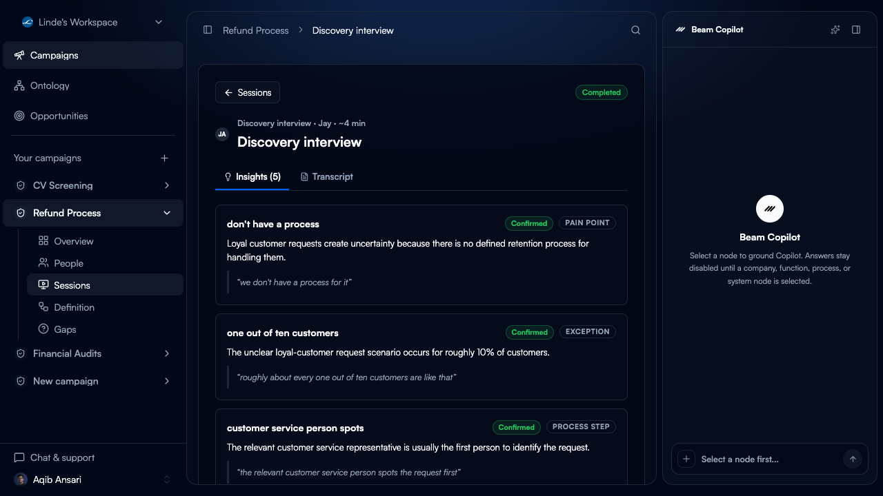 Discovery interview insights in Beam Discovery