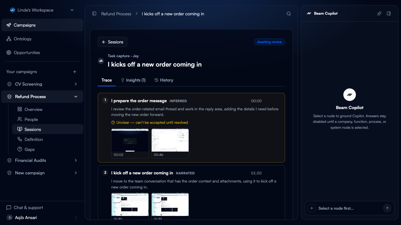 Task mining trace in Beam Discovery
